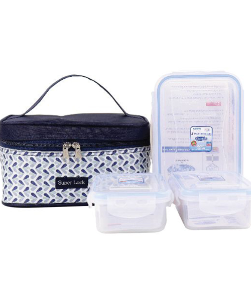 ชุดกล่องอาหารทรงเหลี่ยมฝาล็อคพร้อมกระเป๋า SUPER LOCK รุ่น JCP-AAA (แพ็ค 3 ชิ้น) สีน้ำเงิน